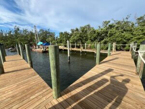 Marine-rated electrical wiring installed for dock lighting and power systems